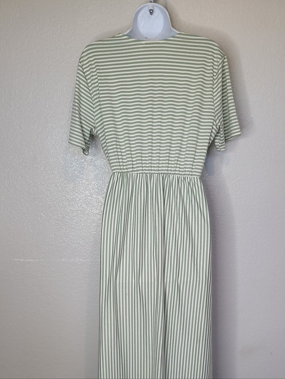 Ces Femme Striped Sage Green & Cream Mock Wrap Maxi Dress V Neck Short Sleeve - Picture 5 of 6